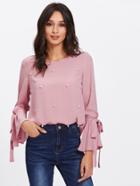 Romwe Pearl Embellished Bow Tied Bell Cuff Blouse