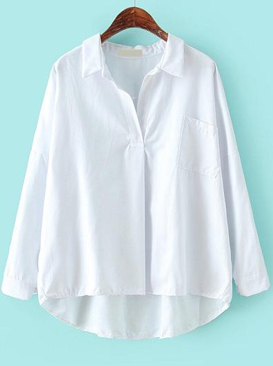 Romwe Lapel Dip Hem With Pocket White Blouse
