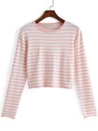 Romwe Long Sleeve Striped Pink T-shirt