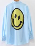 Romwe Blue Smile Face Print Blouse With Pocket