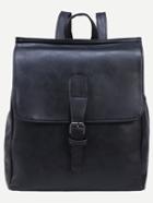 Romwe Black Buckled Strap Front Flap Backpack