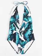 Romwe Jungle Leaf Print Plunge Halter Neck Swimsuit