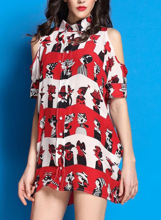Romwe Off The Shoulder With Buttons Cartoon Print Blouse