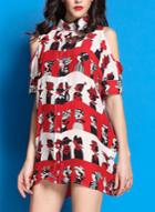 Romwe Off The Shoulder With Buttons Cartoon Print Blouse