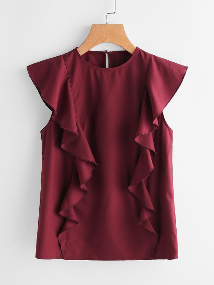 Romwe Buttoned Keyhole Back Flounce Trim Top