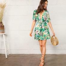 Romwe Plunge Neck Open Back Chain & Tropical Print Dress