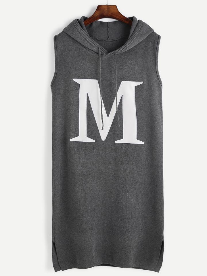Romwe Grey Letter Print Sleeveless Slit Side Hooded Dress