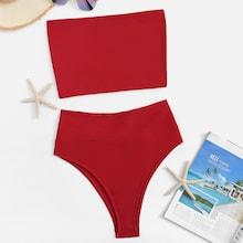 Romwe Seam Trim Bandeau With High Waist Bikini Set