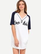 Romwe White Short Sleeve V Neck Letters Print Dress