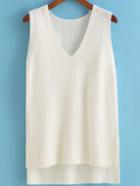 Romwe V Neck Knit Dip Hem White Tank Top