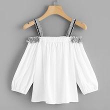 Romwe Gingham Contrast Open Shoulder Top