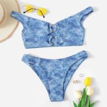 Romwe Denim Print Ring Linked Bardot Bikini Set