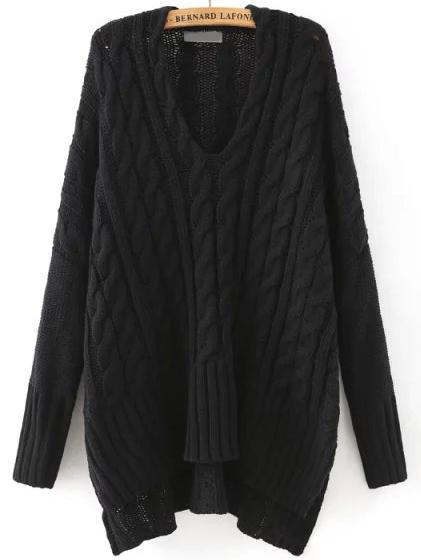 Romwe Black V Neck Cable Knit Loose Sweater