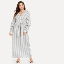 Romwe Plus Surplice Front Striped Belt Dress