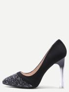 Romwe Black Embellished Toe Suede Leather Sheer Heel Pumps