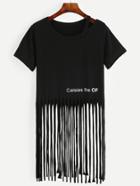 Romwe Black Cutout Letter Print Fringe T-shirt