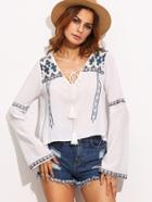 Romwe White Tie Neck Bell Sleeve Embroidered Blouse