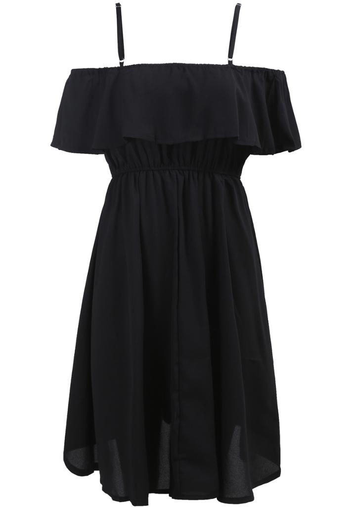 Romwe Black Spaghetti Strap Ruffle Pleated Chiffon Dress