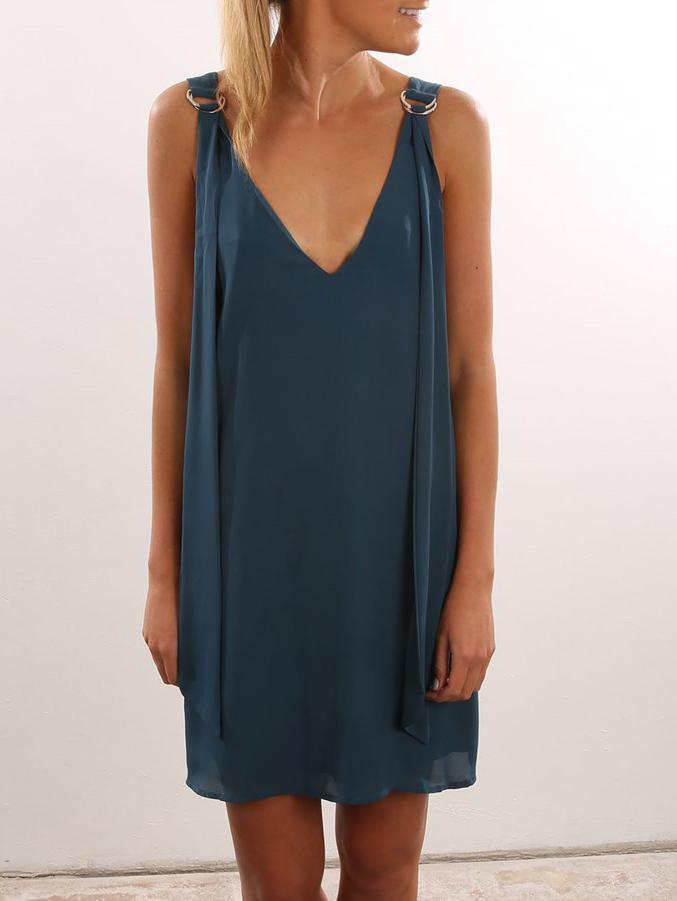 Romwe Double V-neck D-ring Strap Shift Dress - Blue