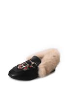 Romwe Embroidered Applique Faux Fur Lined Flats