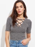 Romwe Lace Up Front Ribbed Knit Tee