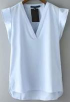 Romwe Blue V Neck Short Sleeve Casual Blouse