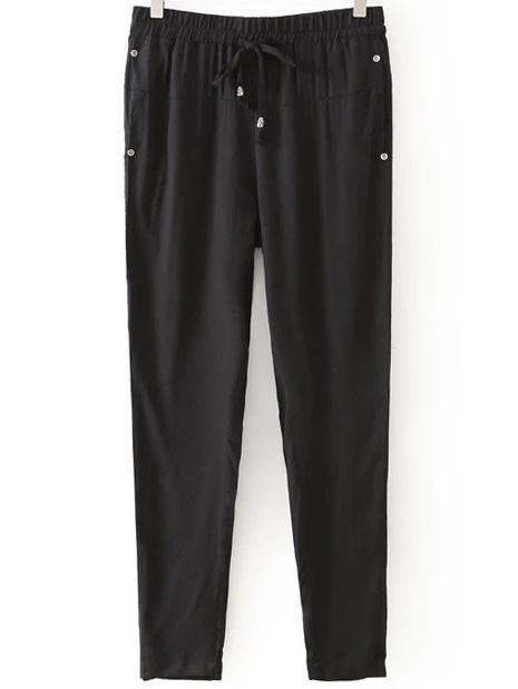 Romwe Draw Cord Waist Studded Black Pant