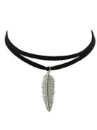 Romwe Black Pu Leather Feather Pendant Choker Necklace