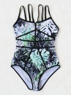 Romwe Printed Strappy Zipper Detail One-piece Swimwear
