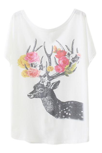 Romwe Pretty Elk Print Batwing Sleeves White T-shirt