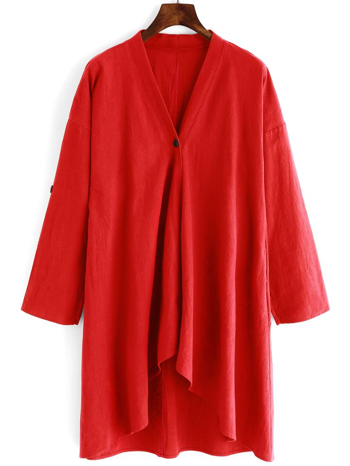 Romwe V Neck Dip Hem Loose Red Coat