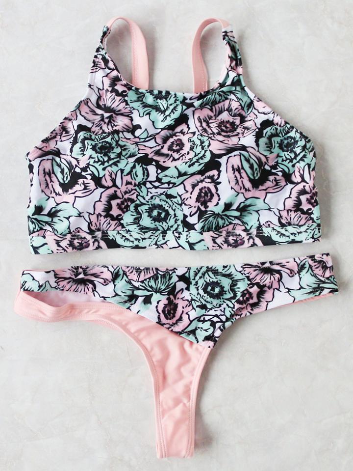 Romwe Floral Print Slit Bikini Set
