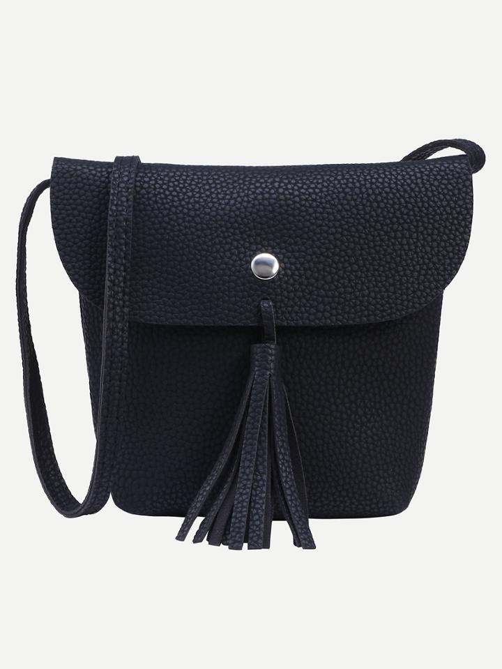 Romwe Black Tassel Trim Flap Bucket Bag