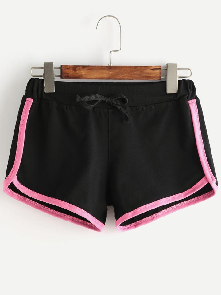 Romwe Black Contrast Trim Drawstring Shorts