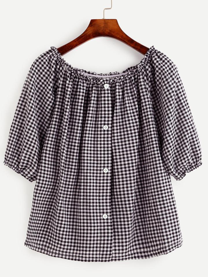 Romwe Black Checkerboard Button Front Blouse