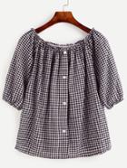 Romwe Black Checkerboard Button Front Blouse