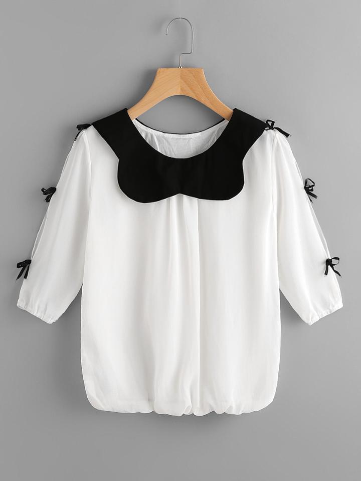 Romwe Contrast Bow Tie Split Sleeve Blouse
