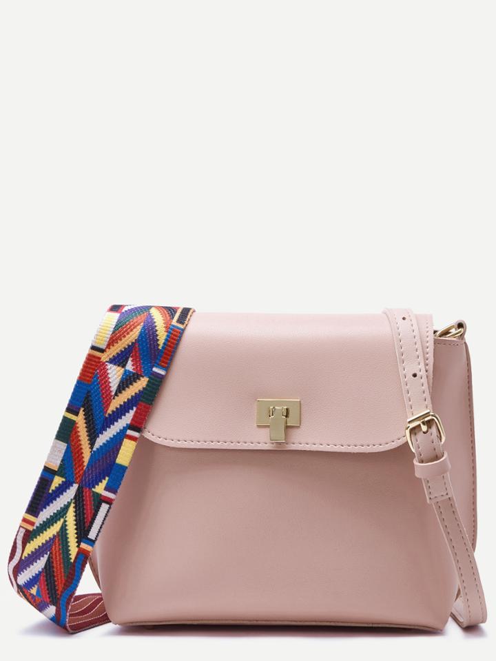 Romwe Pink Wide Strap Pu Flap Shoulder Bag