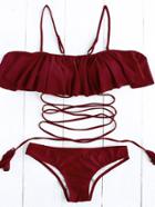 Romwe Strappy Waist Flounce Bikini Set