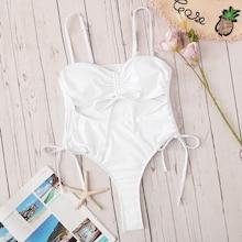 Romwe Drawstring Cut-out Front High Leg One Piece Swimsuit
