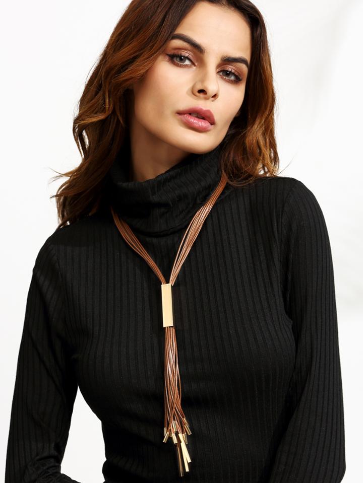 Romwe Brown Faux Leather Tassel Metal Trim Sweater Necklace