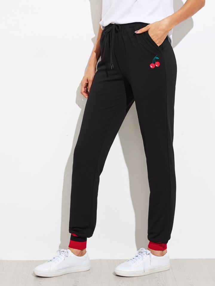 Romwe Cherry Embroidered Striped Ribbed Hem Sweatpants
