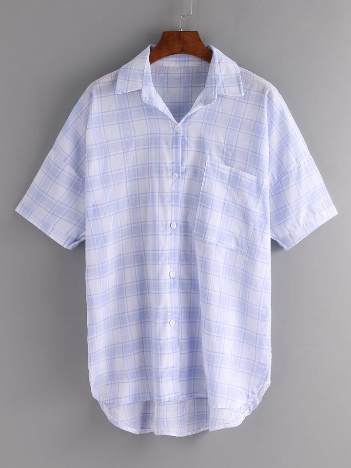 Romwe Pocket Front High-low Plaid Blouse