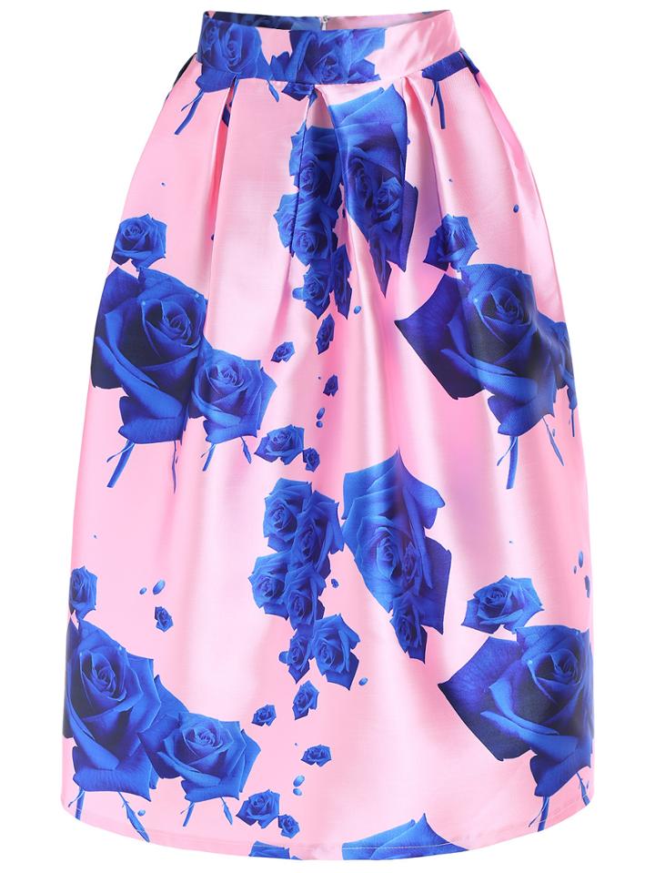 Romwe Rose Print Zipper Skirt