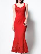 Romwe Red Spaghetti Strap Hollow Fishtail Dress