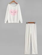 Romwe White Raglan Sleeve Embroidered Sweatshirt With Pants