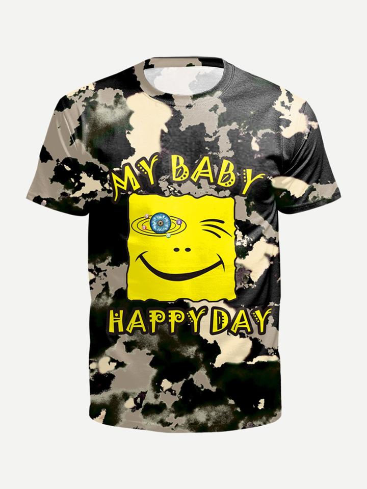 Romwe Men Cartoon And Letter Print Camo Tee