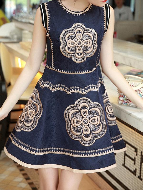 Romwe Navy Round Neck Sleeveless Embroidered Flare Dress