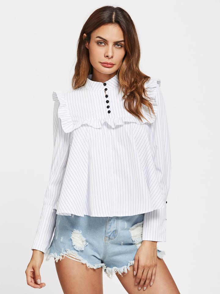 Romwe Ruffle Detail Wide Cuff Trapeze Pinstripe Blouse