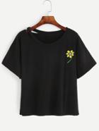 Romwe Black Embroidered Cut Out T-shirt
